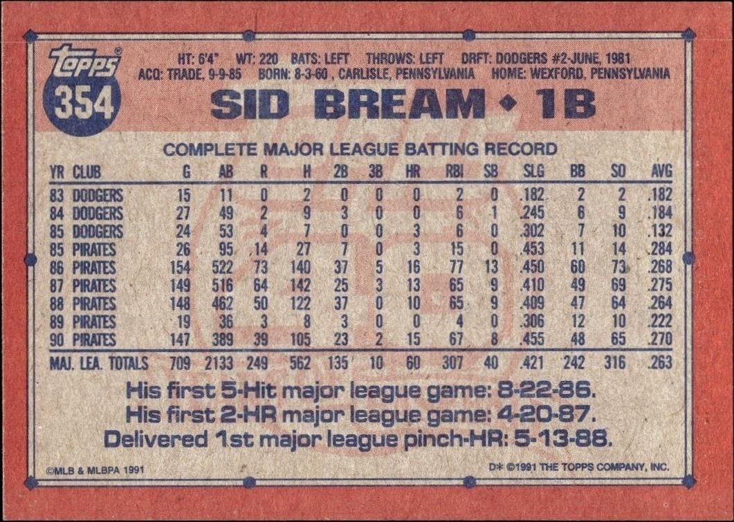 1991 Topps Sid Bream #354 baseball trading card back