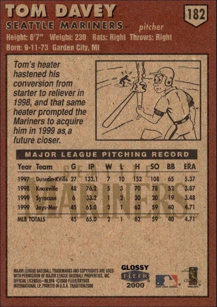 2000 Fleer Tradition Glossy Tom Davey #182 baseball trading card back