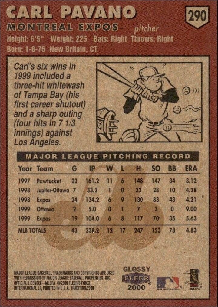 2000 Fleer Tradition Glossy Carl Pavano #290 baseball trading card back
