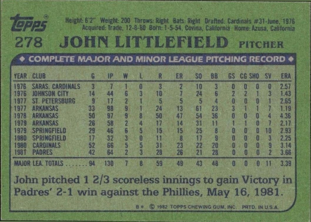 1982 Topps John Littlefield #278 baseball trading card back
