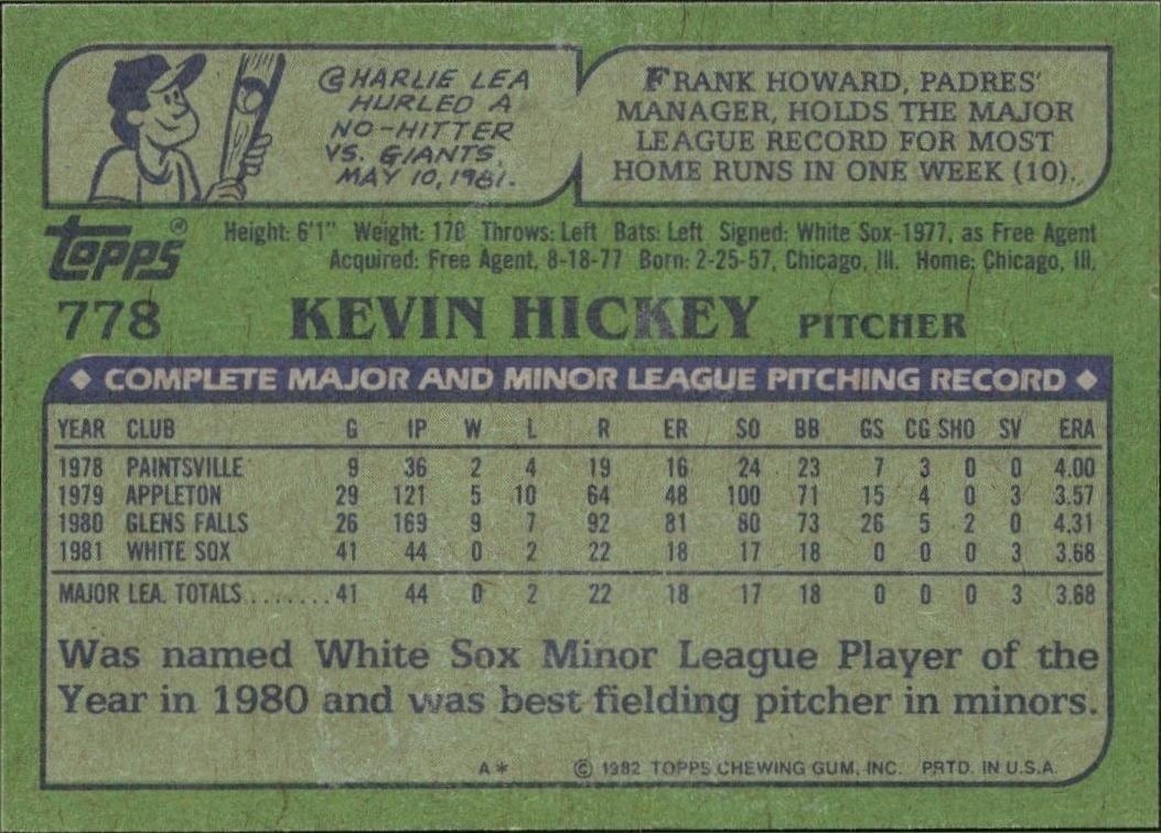 1982 Topps Kevin Hickey #778 baseball trading card back