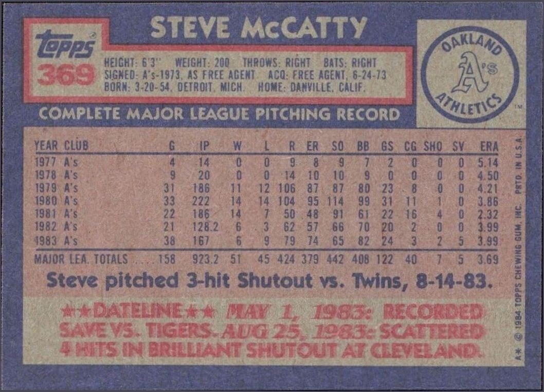 1984 Topps Steve McCatty #369 baseball trading card back