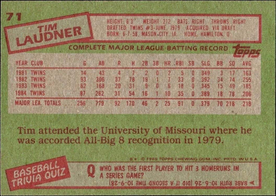 1985 Topps Tim Laudner #71 baseball trading card back