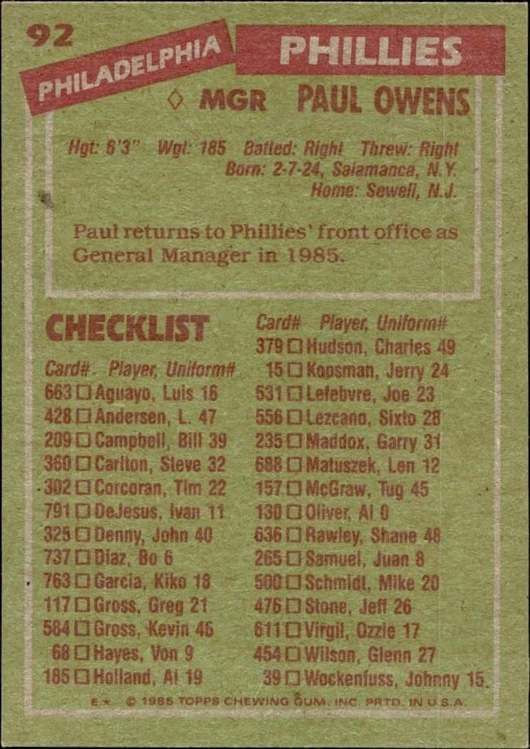 1985 Topps Paul Owens #92 baseball trading card back