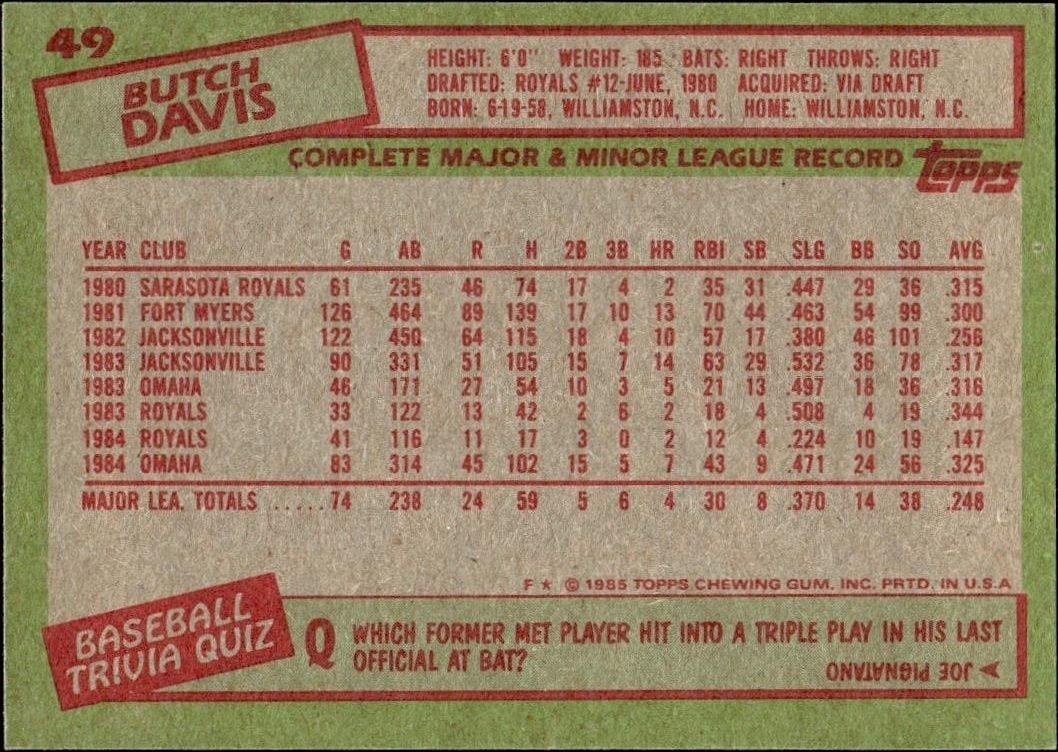 1985 Topps Butch Davis #49 baseball trading card back