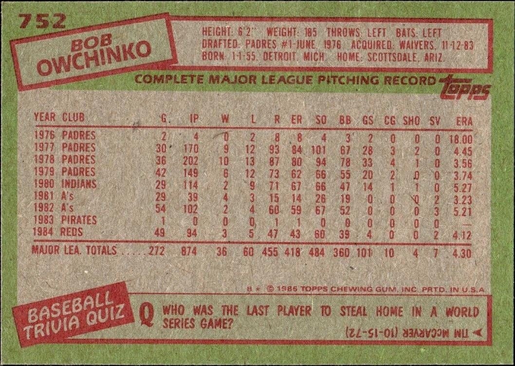 1985 Topps Bob Owchinko #752 baseball trading card back