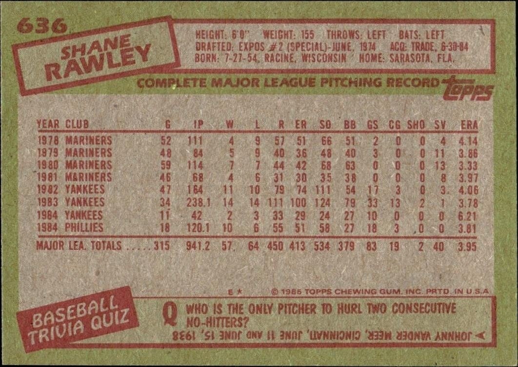 1985 Topps Shane Rawley #636 baseball trading card back