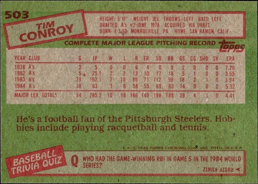 1985 Topps Tim Conroy #503 baseball trading card back