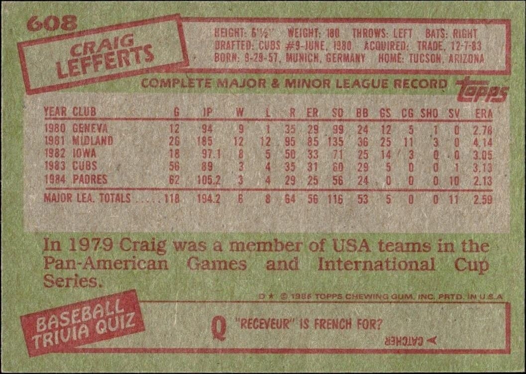 1985 Topps Craig Lefferts #608 baseball trading card back