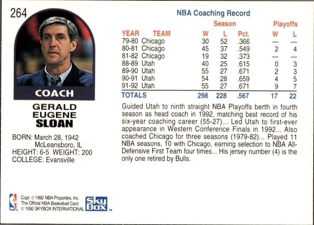 1992-93 Skybox NBA Hoops Jerry Sloan #264 basketball trading card back