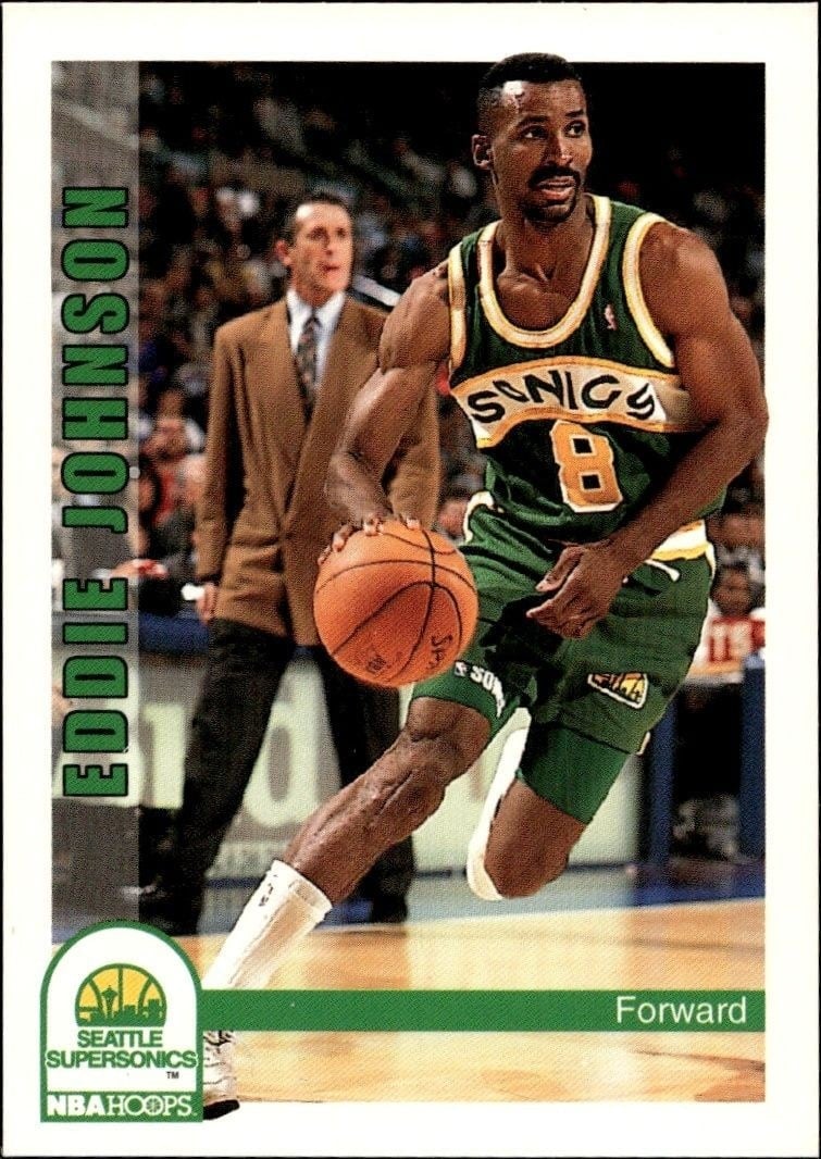 Eddie Johnson 1992-93 Skybox NBA Hoops #215 Basketball Trading Card - Front 1992-93 Skybox NBA Hoops Eddie Johnson #215 basketball trading card front