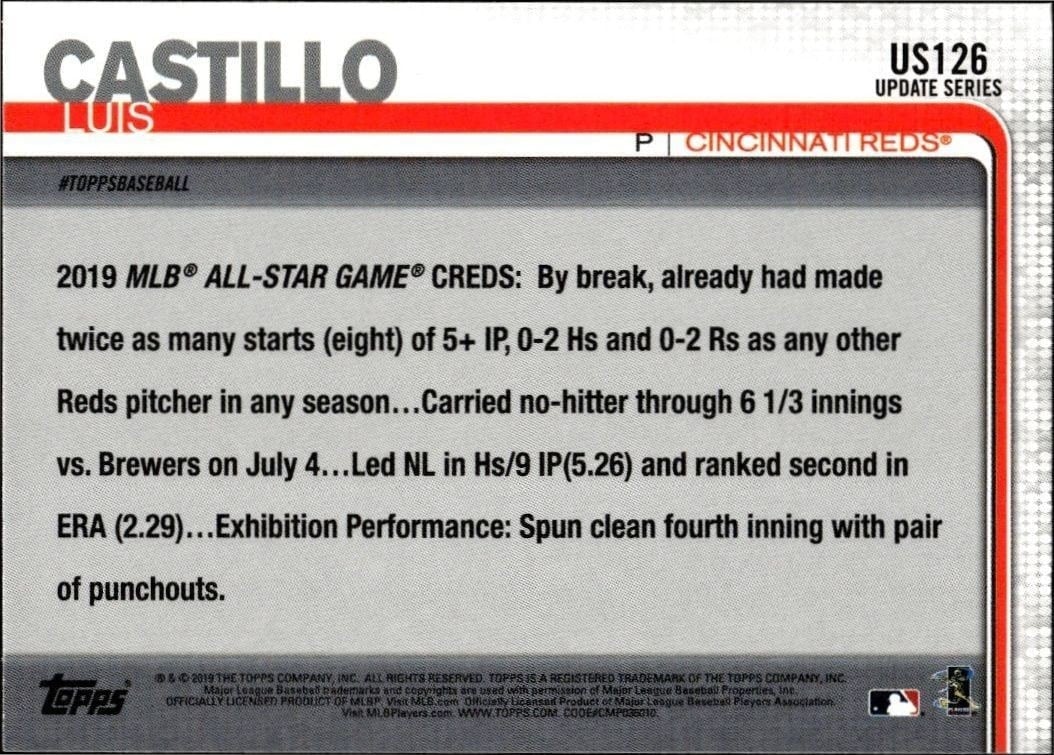 2019 Topps Update Luis Castillo #US126 baseball trading card back