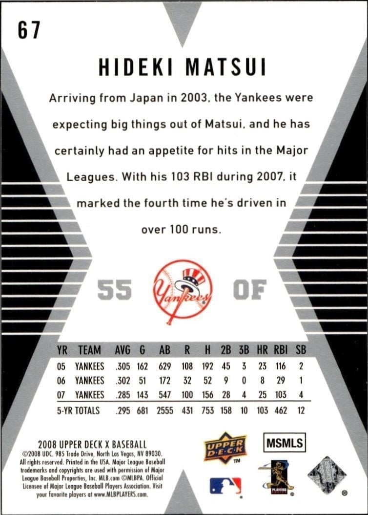 2008 Upper Deck X Hideki Matsui #67 baseball trading card back