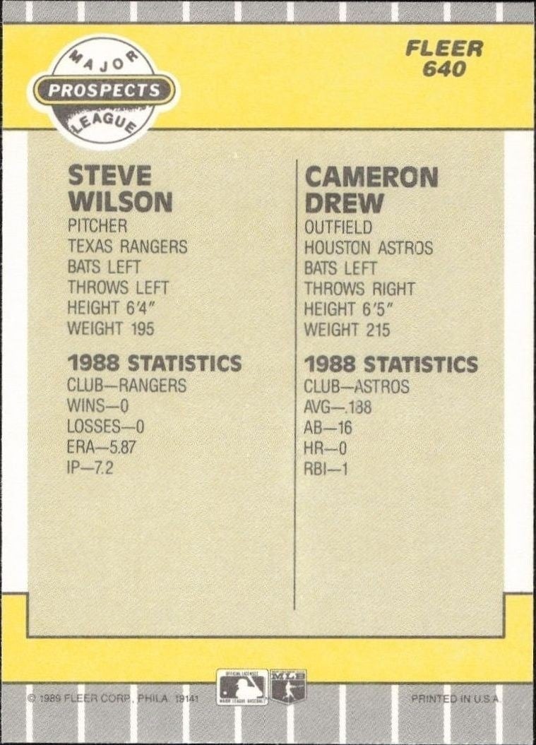 1989 Fleer Steve Wilson #640 baseball trading card back