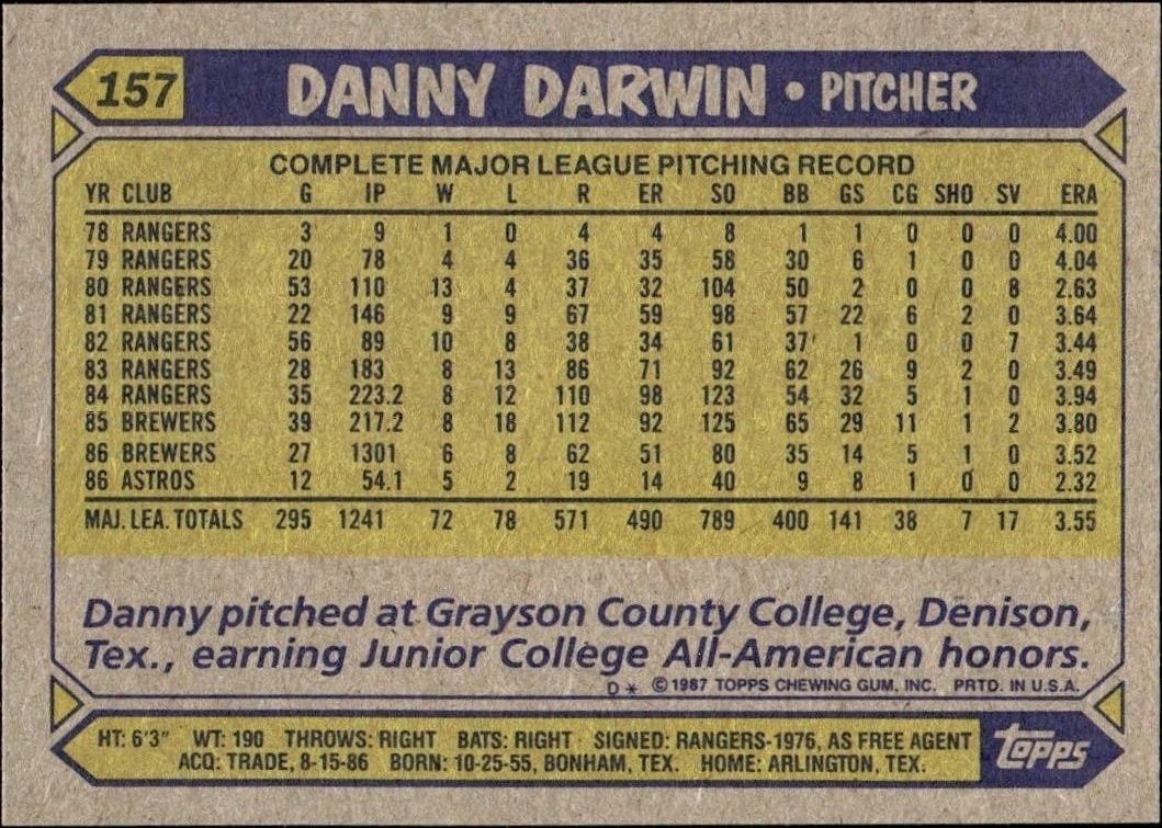 1987 Topps Danny Darwin #157 baseball trading card back