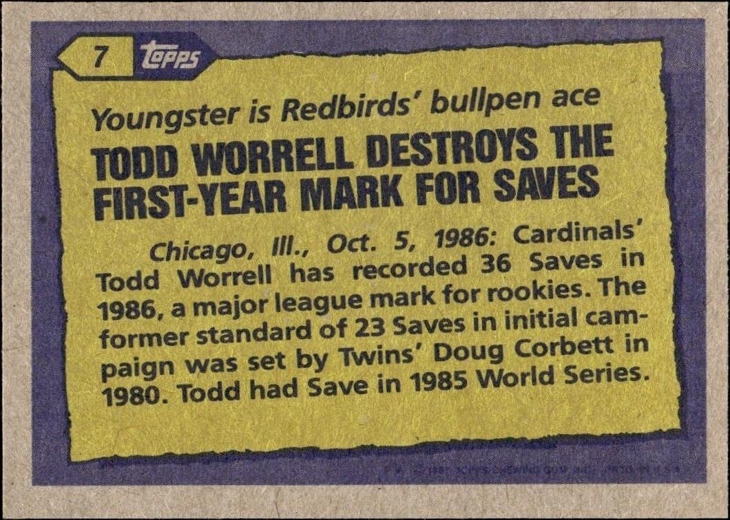1987 Topps Todd Worrell #7 baseball trading card back