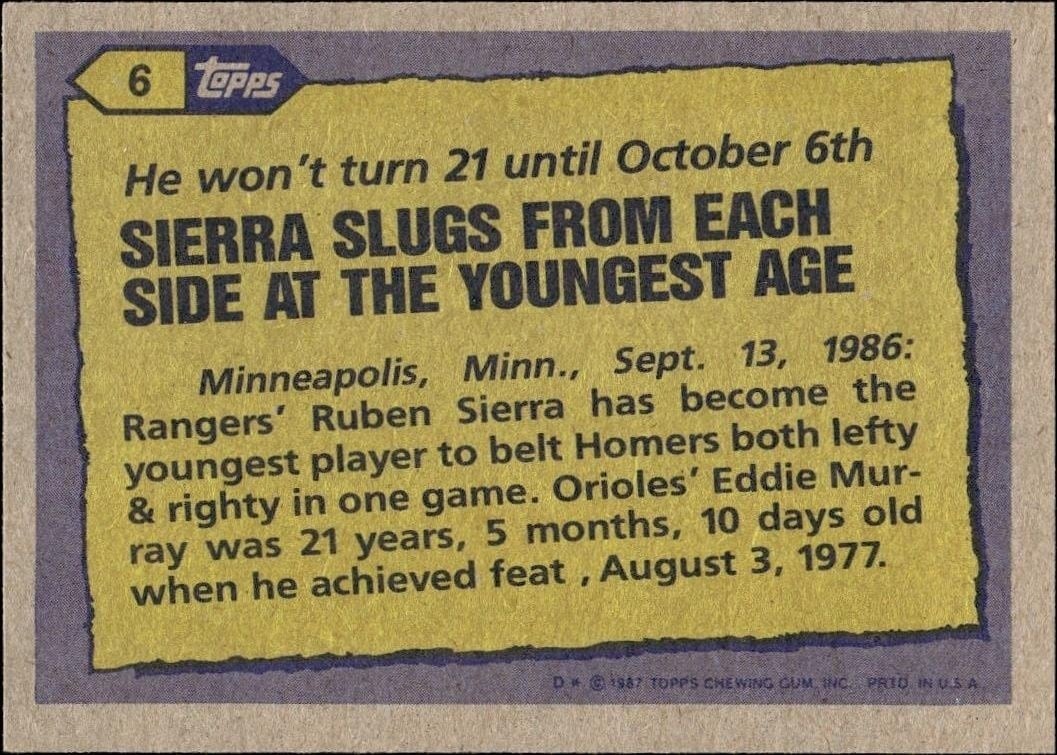 1987 Topps Ruben Sierra #6 baseball trading card back