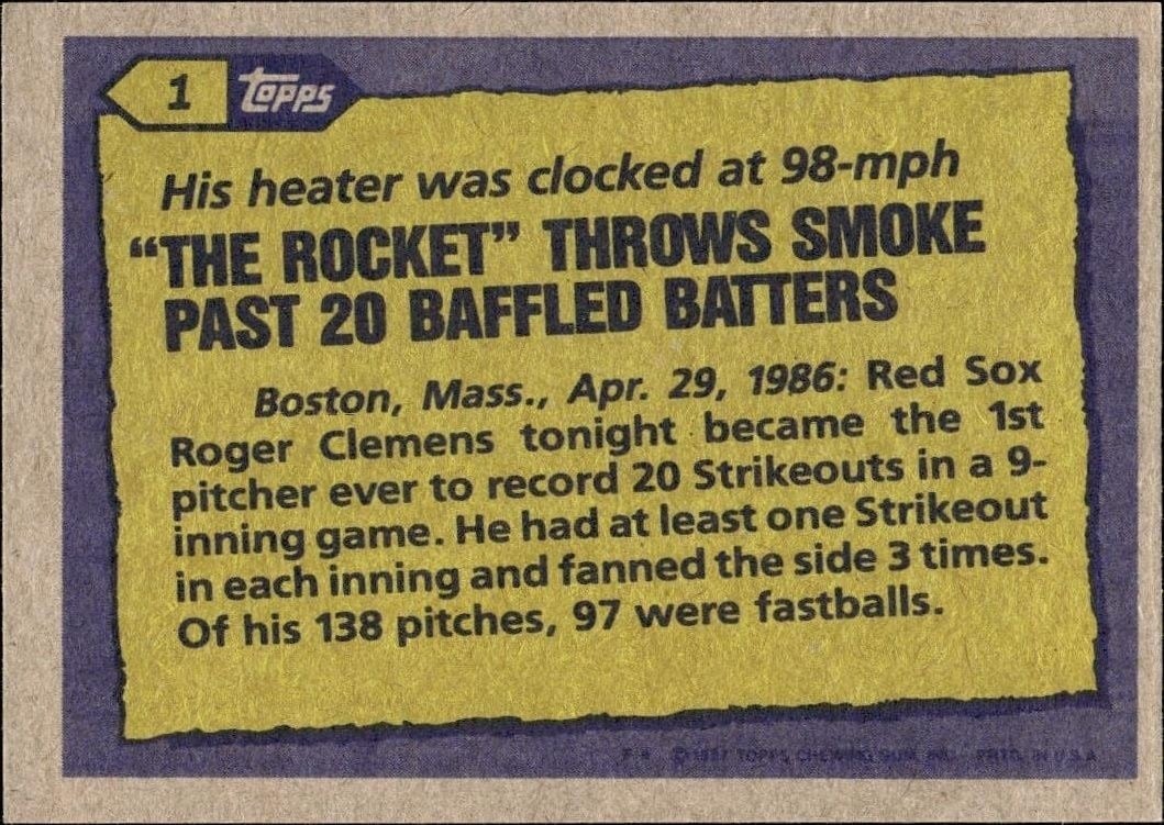 1987 Topps Roger Clemens #1 baseball trading card back