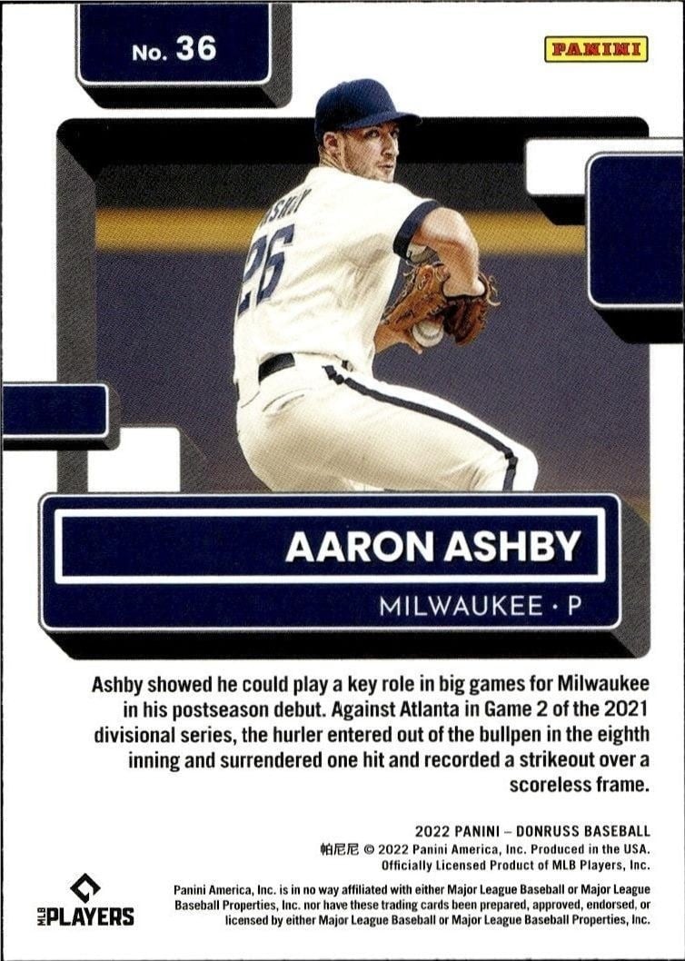 2022 Panini Donruss Aaron Ashby #36 baseball trading card back