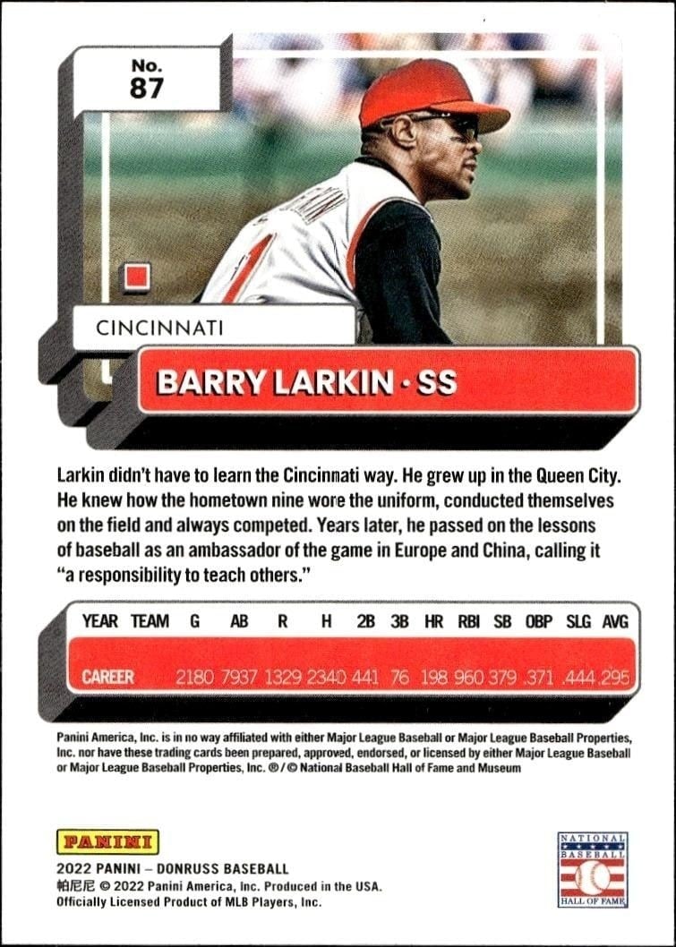 2022 Panini Donruss Barry Larkin #87 baseball trading card back