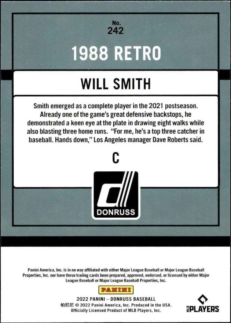 2022 Panini Donruss Will Smith #242 baseball trading card back