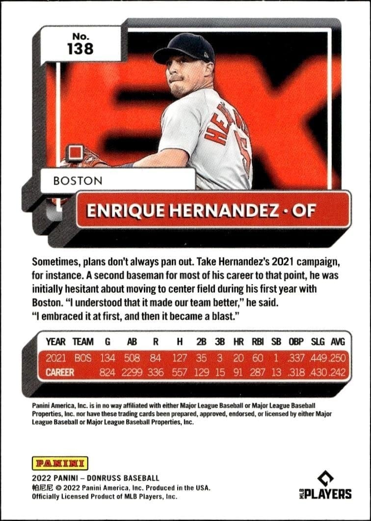 2022 Panini Donruss Enrique Hernandez #138 baseball trading card back