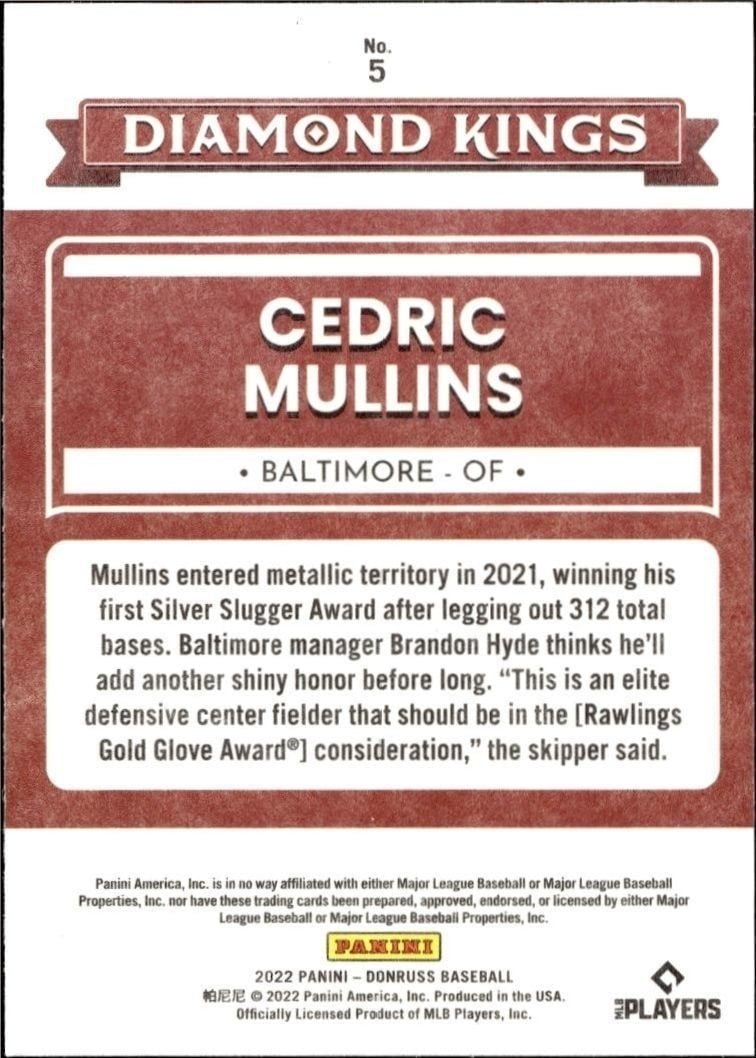 2022 Panini Donruss Cedric Mullins #5 baseball trading card back