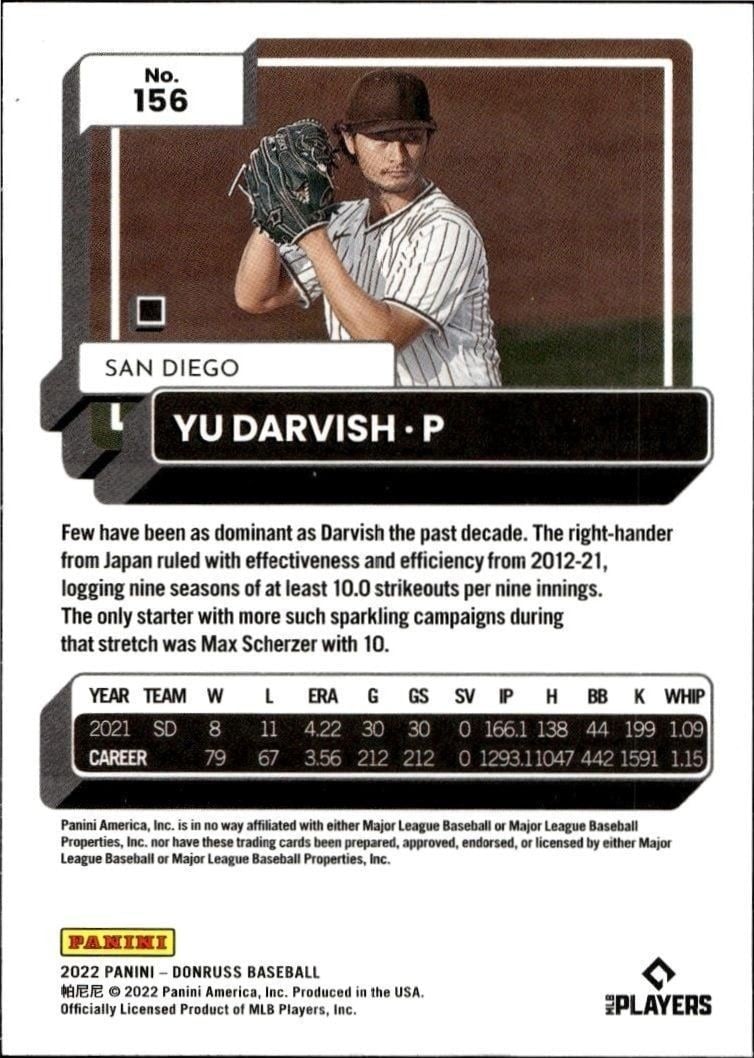 2022 Panini Donruss Yu Darvish #156 baseball trading card back