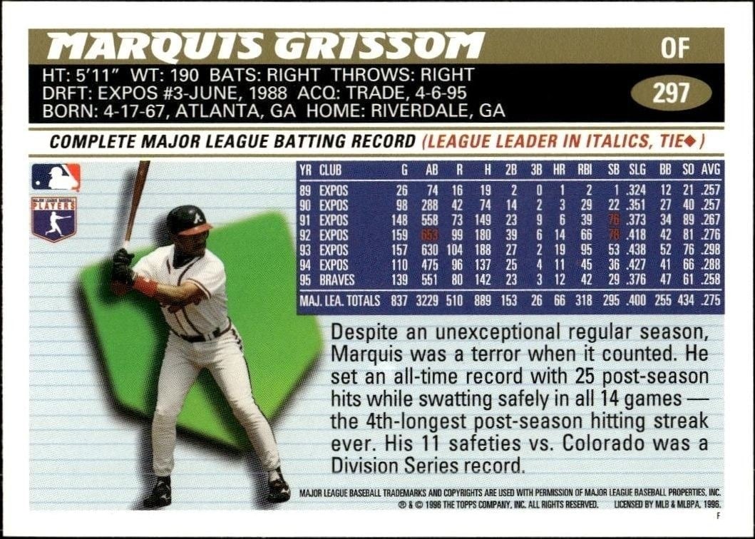 1996 Topps Series 2 Marquis Grissom #297 baseball trading card back