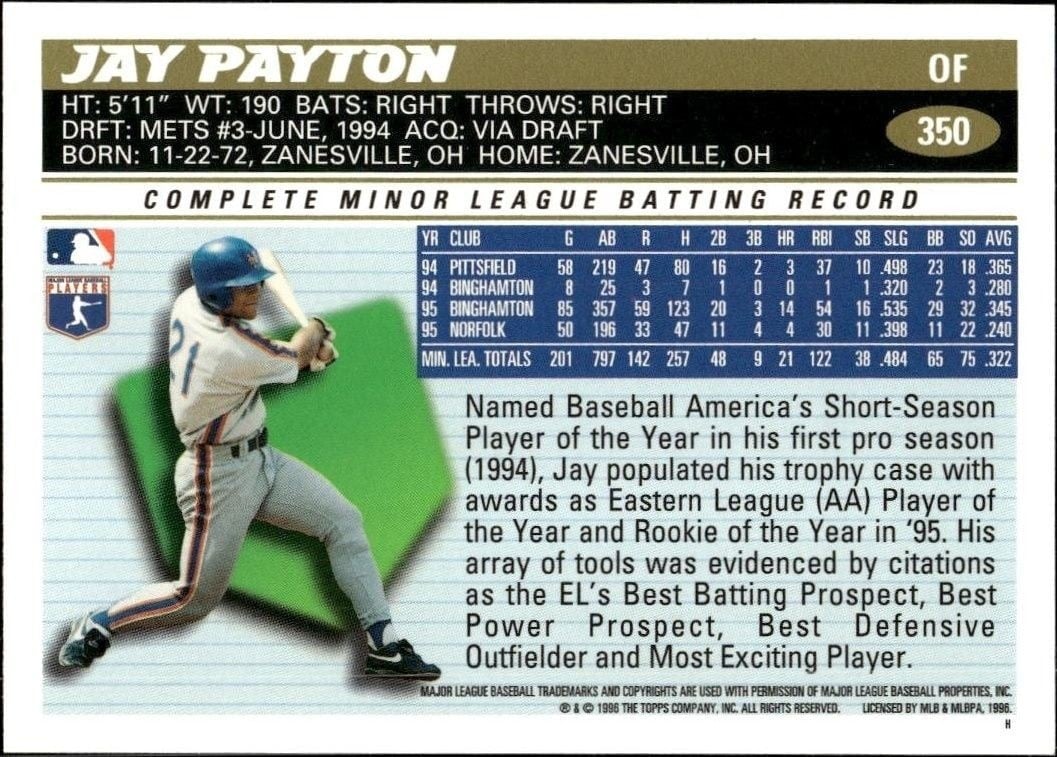 1996 Topps Series 2 Jay Payton #350 baseball trading card back