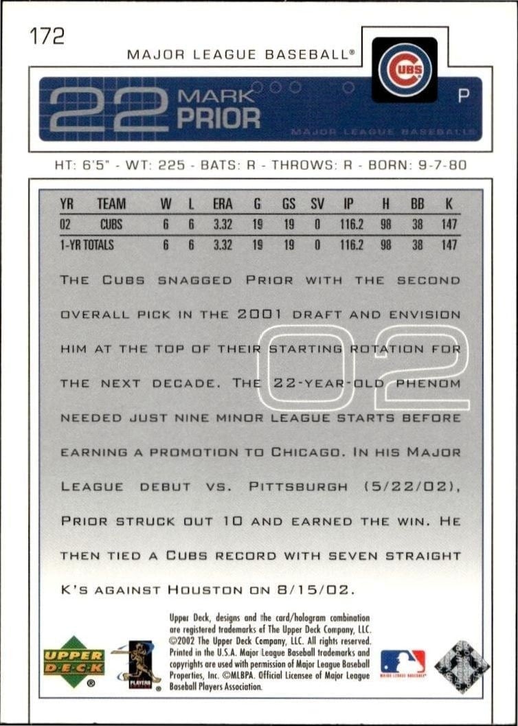 2003 Upper Deck Mark Prior #172 baseball trading card back