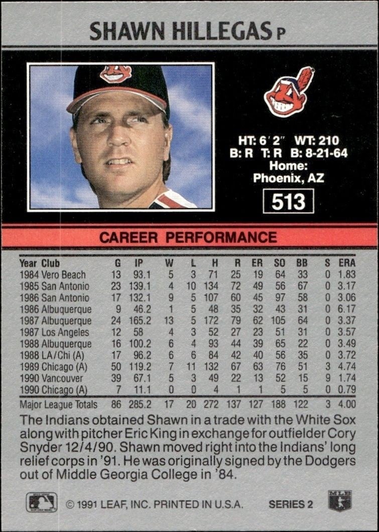 1991 Leaf Shawn Hillegas #513 baseball trading card back