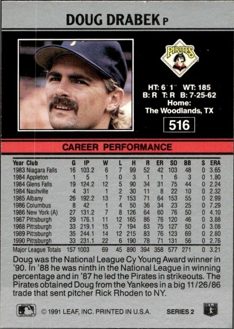 1991 Leaf Doug Drabek #516 baseball trading card back