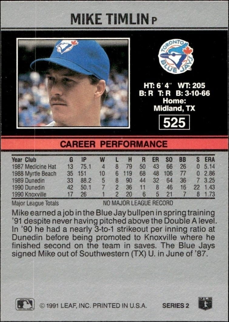 1991 Leaf Mike Timlin #525 baseball trading card back