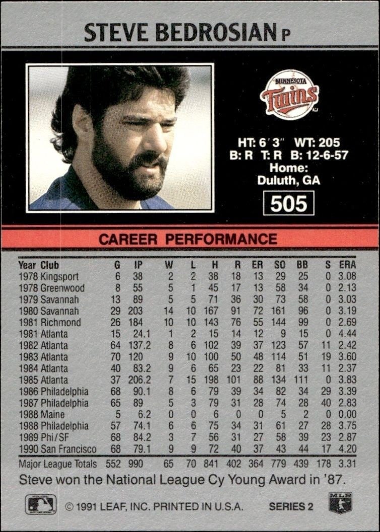 1991 Leaf Steve Bedrosian #505 baseball trading card back