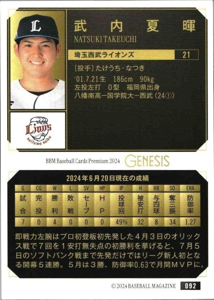 2024 Baseball Magazine Genesis Natsuki Takeuchi #92 baseball trading card back