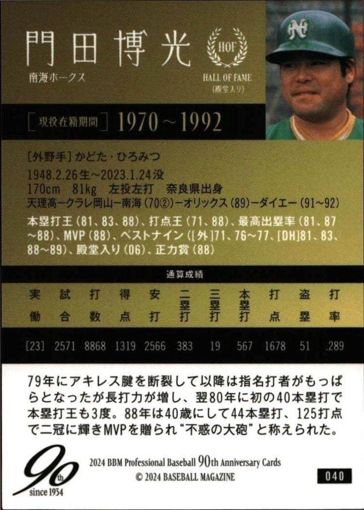 2024 Baseball Magazine 90th Aniversary Hiromitsu Kadota #40 baseball trading card back