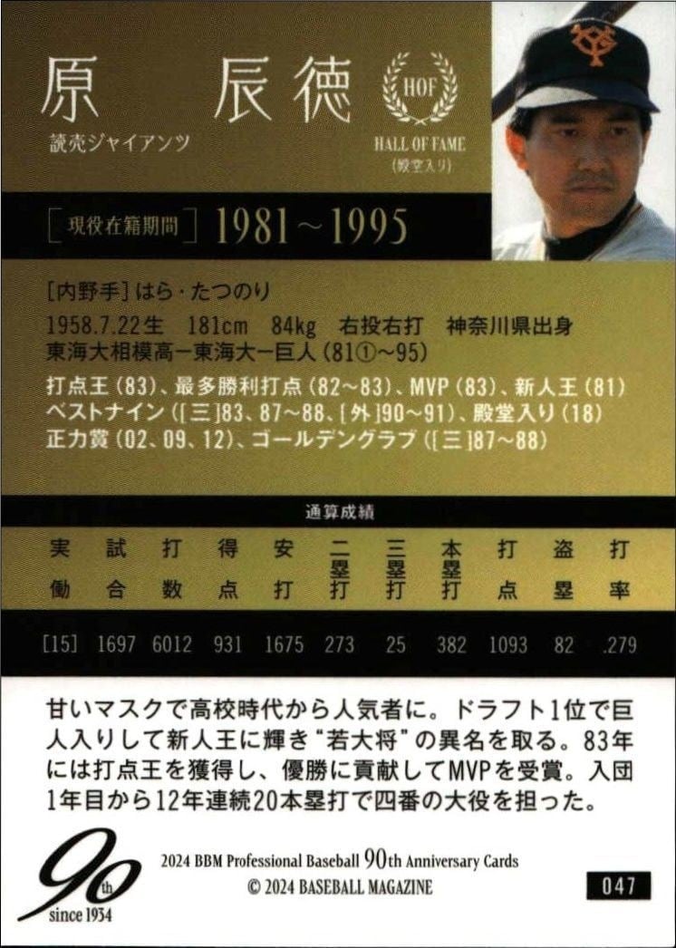 2024 Baseball Magazine 90th Aniversary Tatsunori Hara #47 baseball trading card back