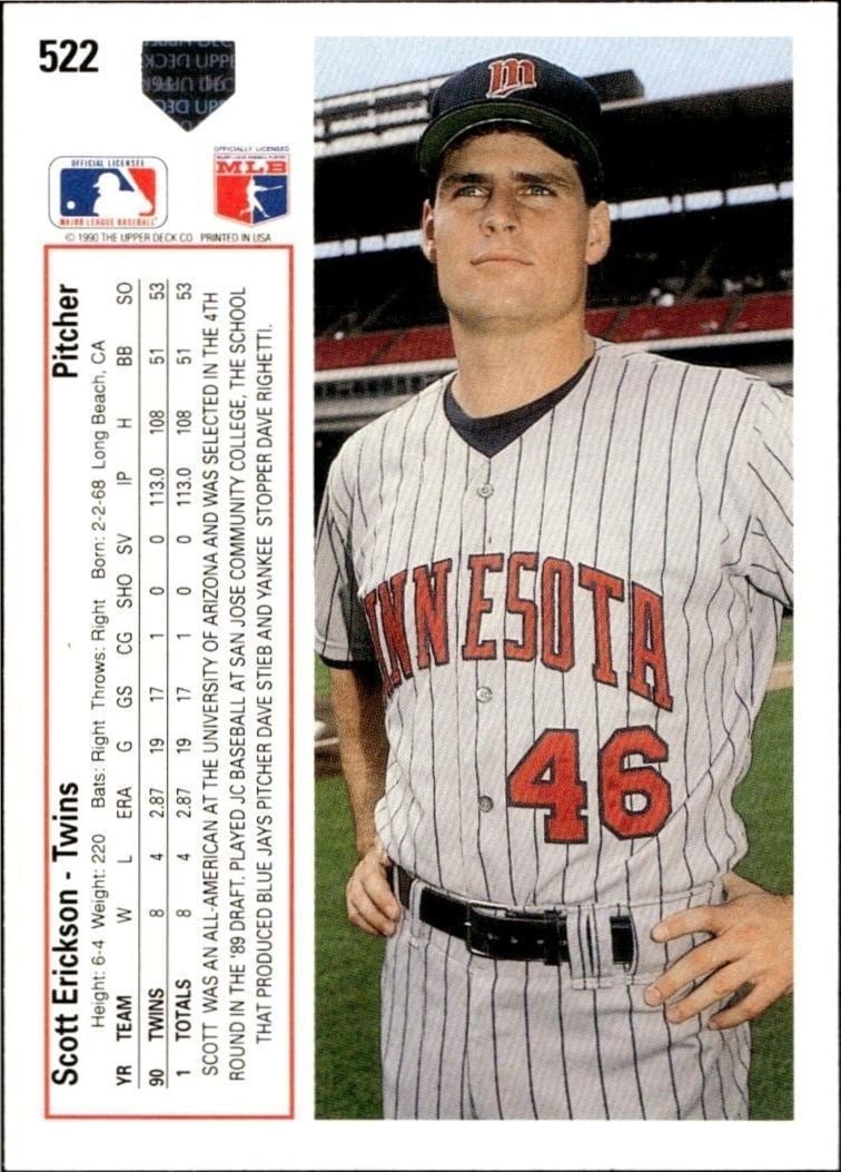 1991 Upper Deck Low Number Scott Erickson #522 baseball trading card back