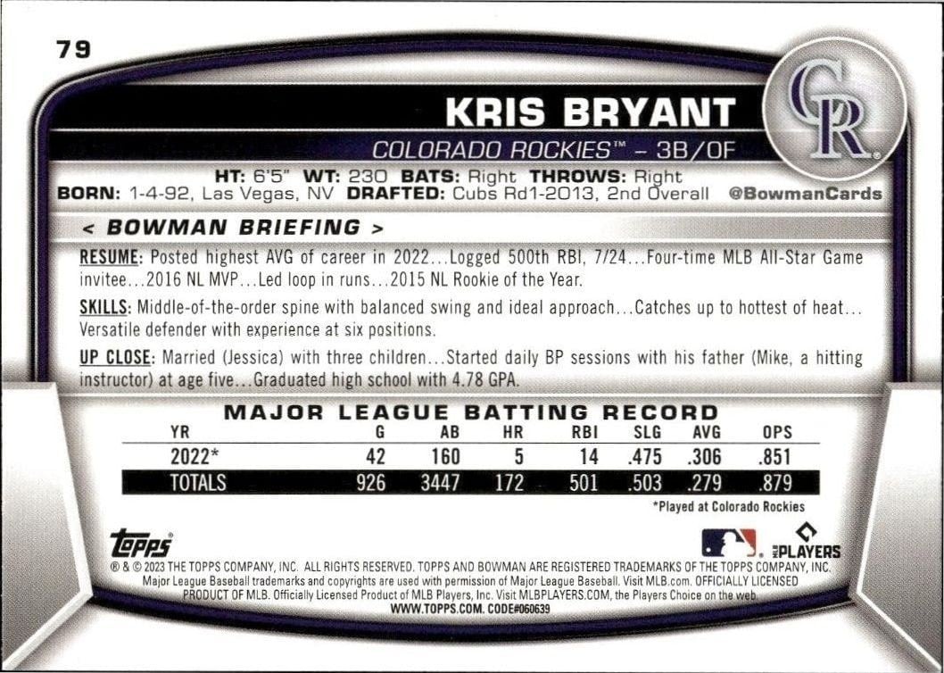 2023 Bowman Kris Bryant #79 baseball trading card back