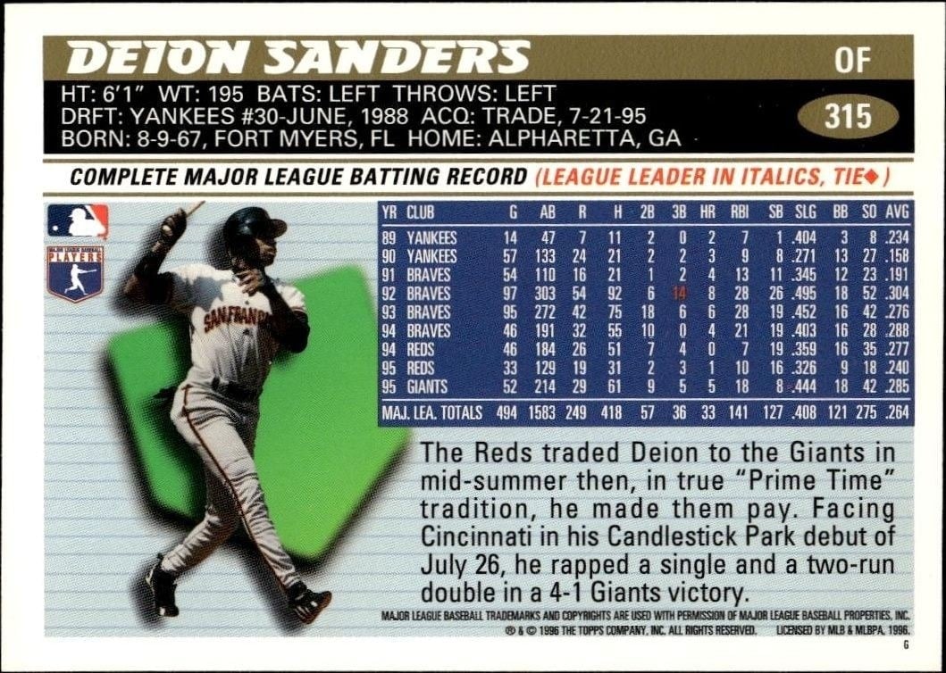 1996 Topps Series 2 Deion Sanders #315 baseball trading card back