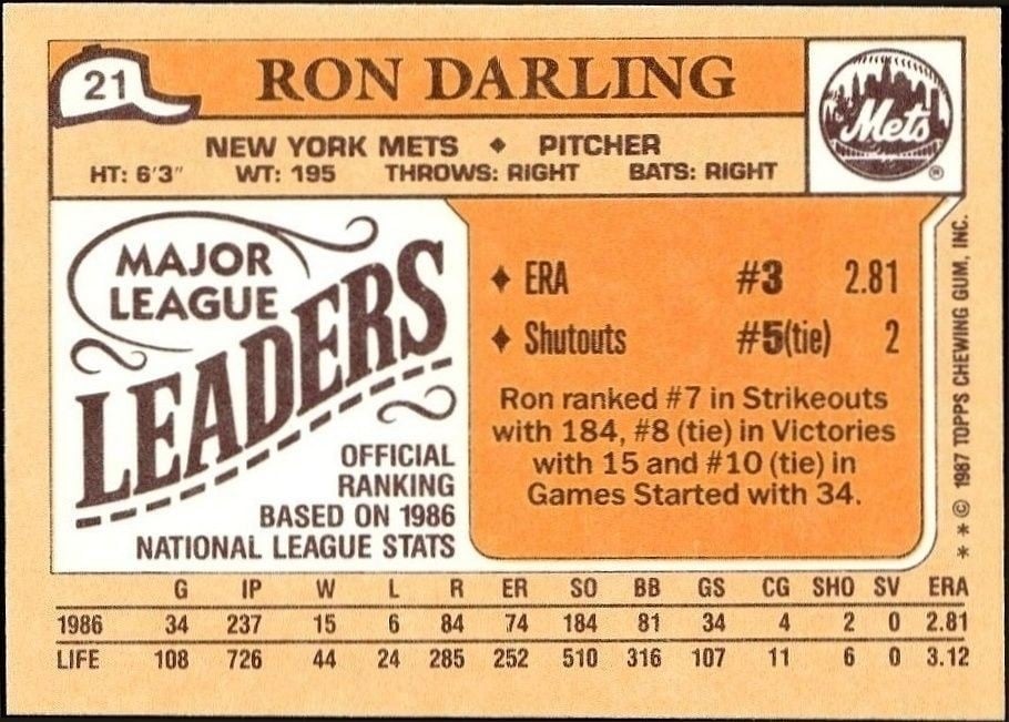 1987 Topps Minis Ron Darling #21 baseball trading card back