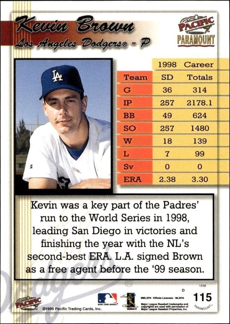 1999 Pacific Paramount Kevin Brown #115 baseball trading card back