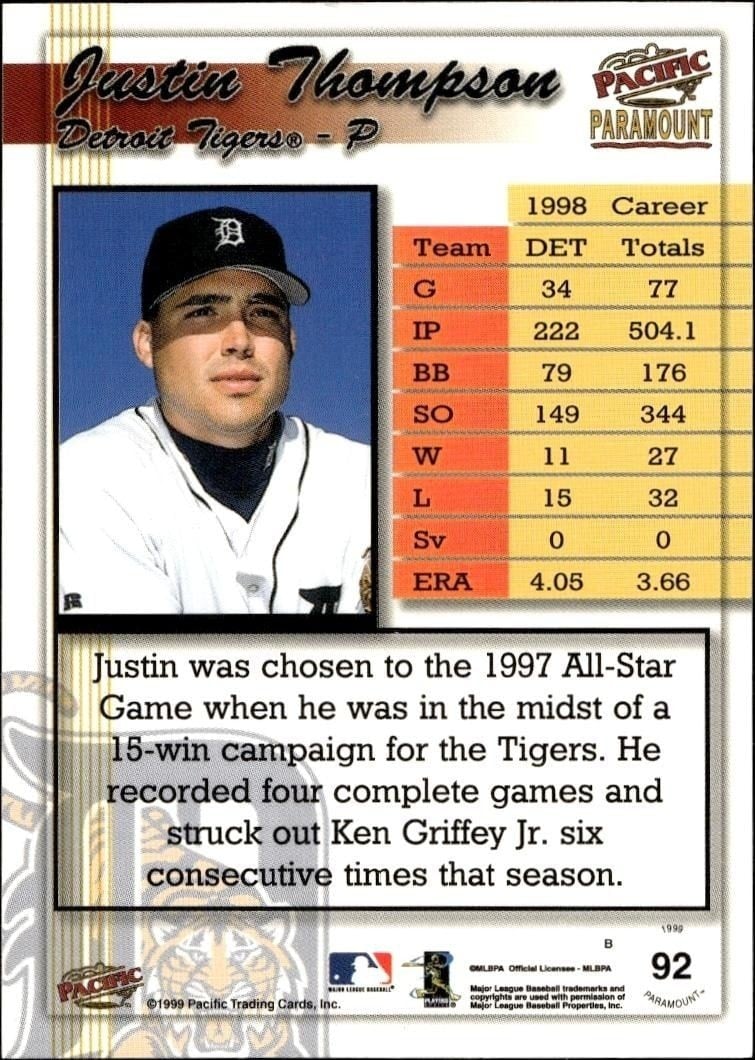 1999 Pacific Paramount Justin Thompson #92 baseball trading card back