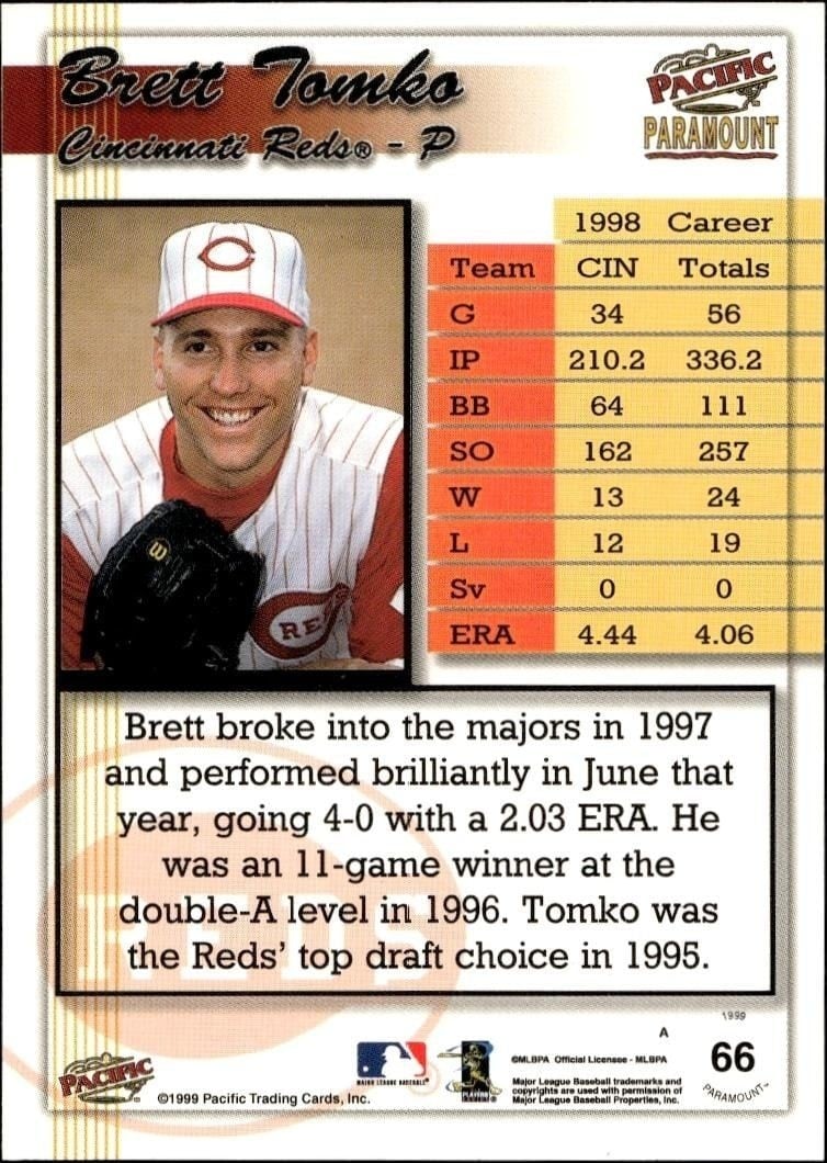 1999 Pacific Paramount Brett Tomko #66 baseball trading card back