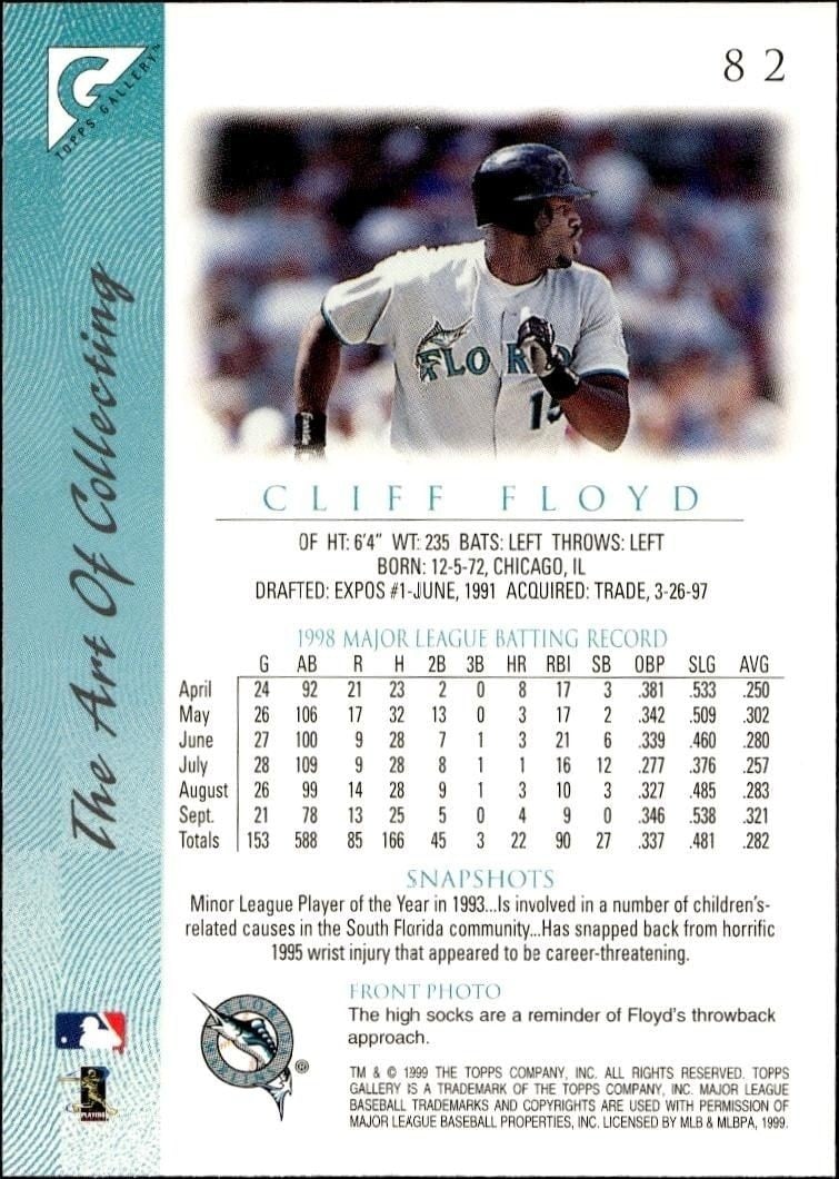 1999 Topps Gallery Cliff Floyd #82 baseball trading card back