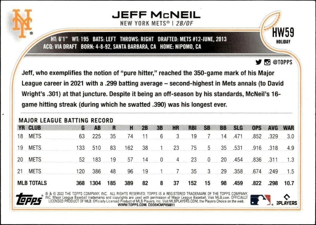 2022 Topps Holiday Jeff McNeil #HW59 baseball trading card back