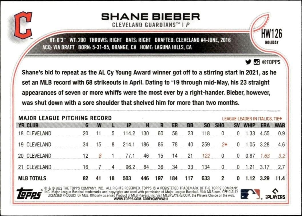 2022 Topps Holiday Shane Bieber #HW126 baseball trading card back