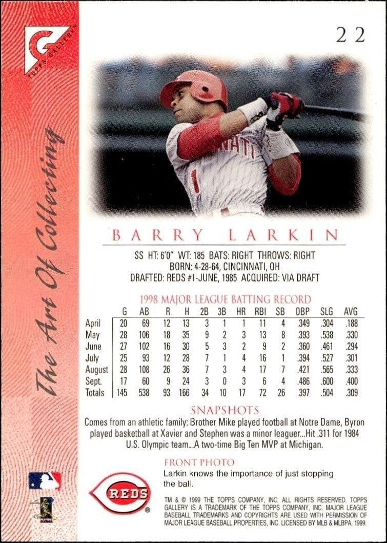 1999 Topps Gallery Barry Larkin #22 baseball trading card back