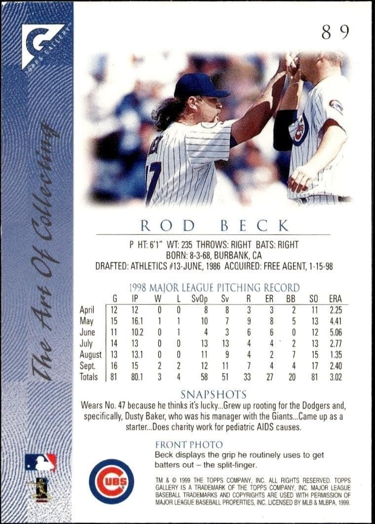 1999 Topps Gallery Rod Beck #89 baseball trading card back